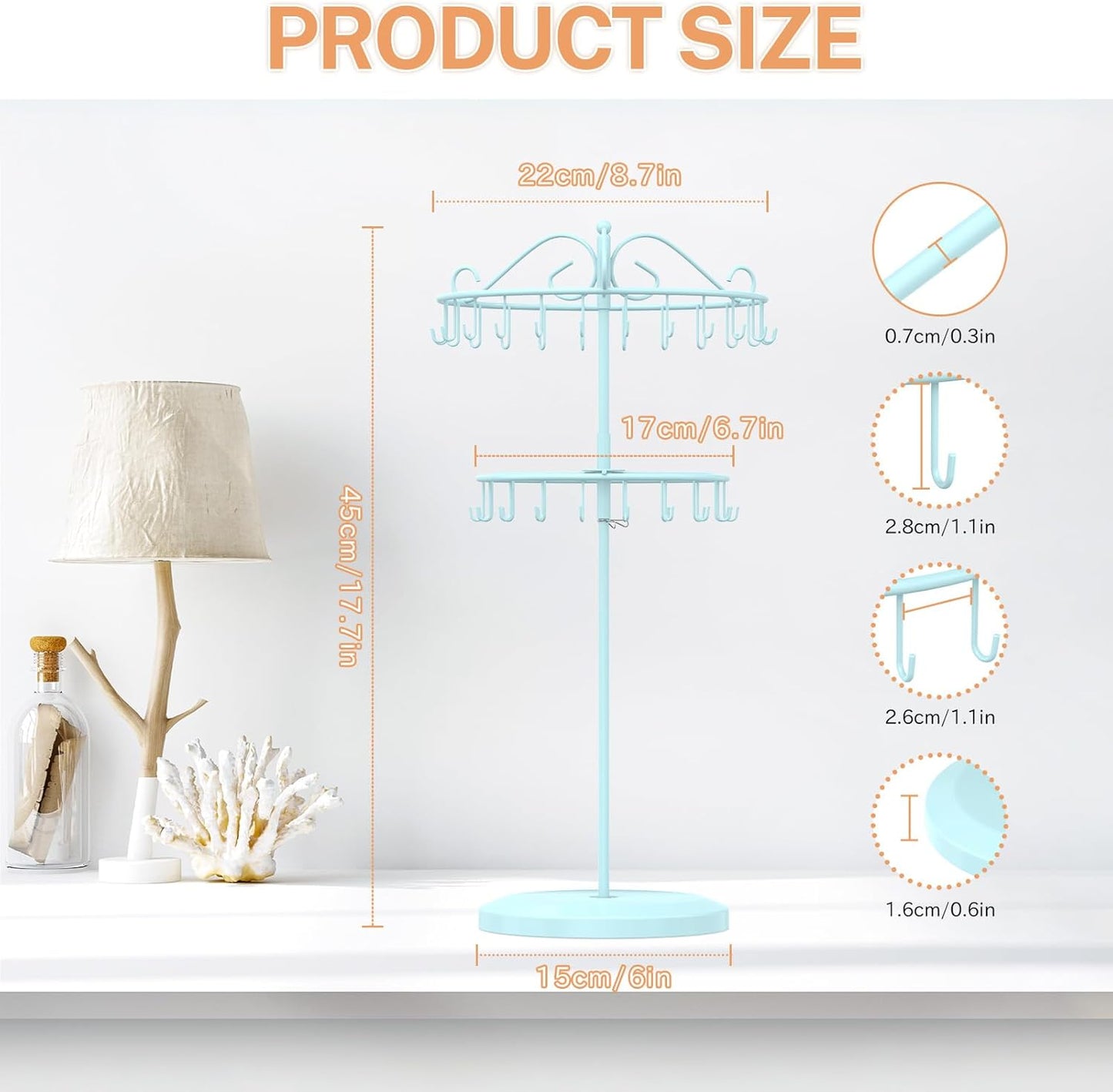 iDavosic.ly 2 Tier Rotating Necklace Holder Organizer with 42 Hooks, Adjustable Metal Bracelet Display Stand Rack, Extra Tall Keychain Spinning Tree Tower for Women, Blue