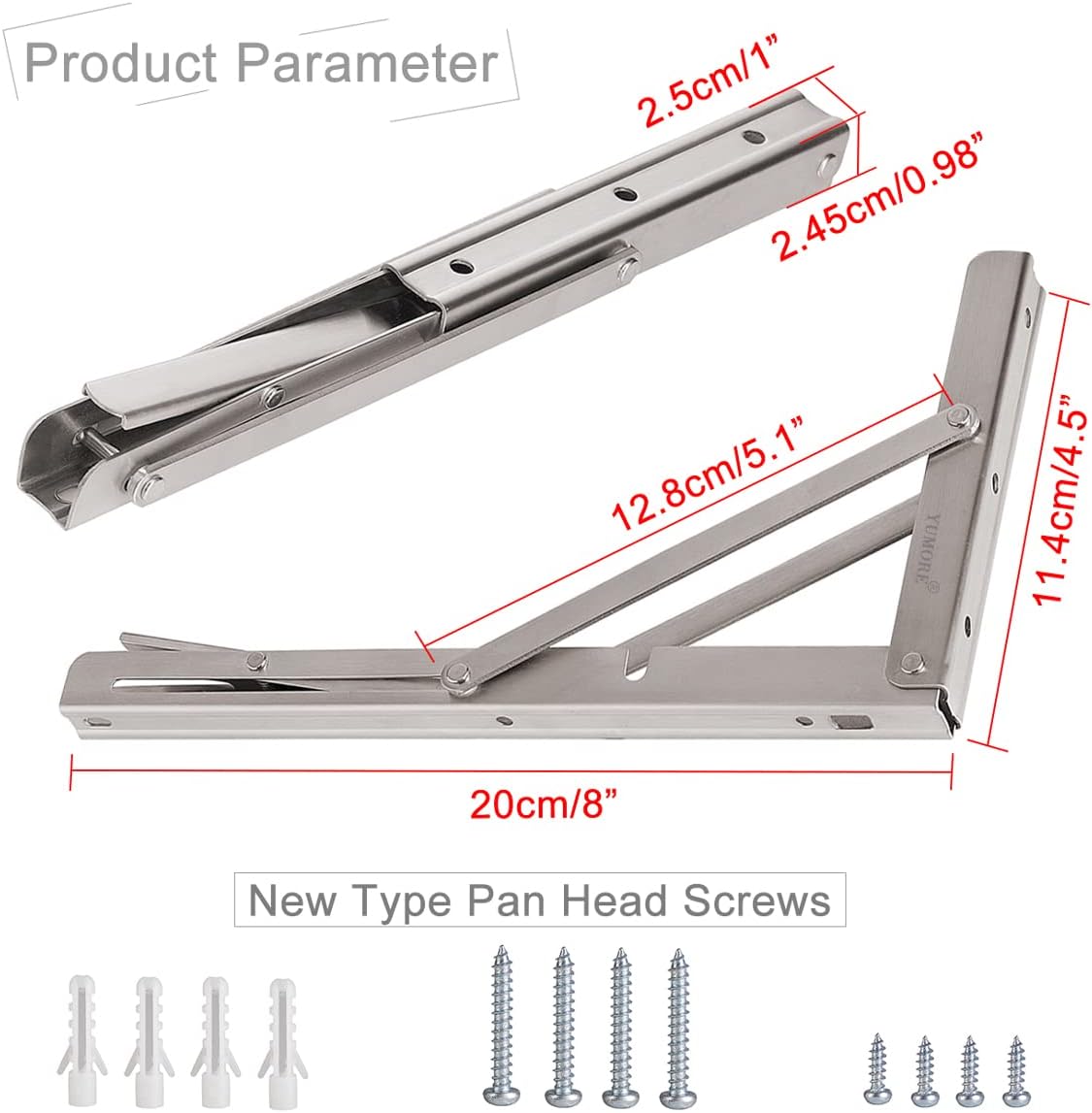 YUMORE Folding Shelf Brackets 8", Max Load: 300lb Heavy Duty Stainless Steel Collapsible Shelf Bracket for Table Work Bench, Space Saving DIY Bracket, Pack of 2
