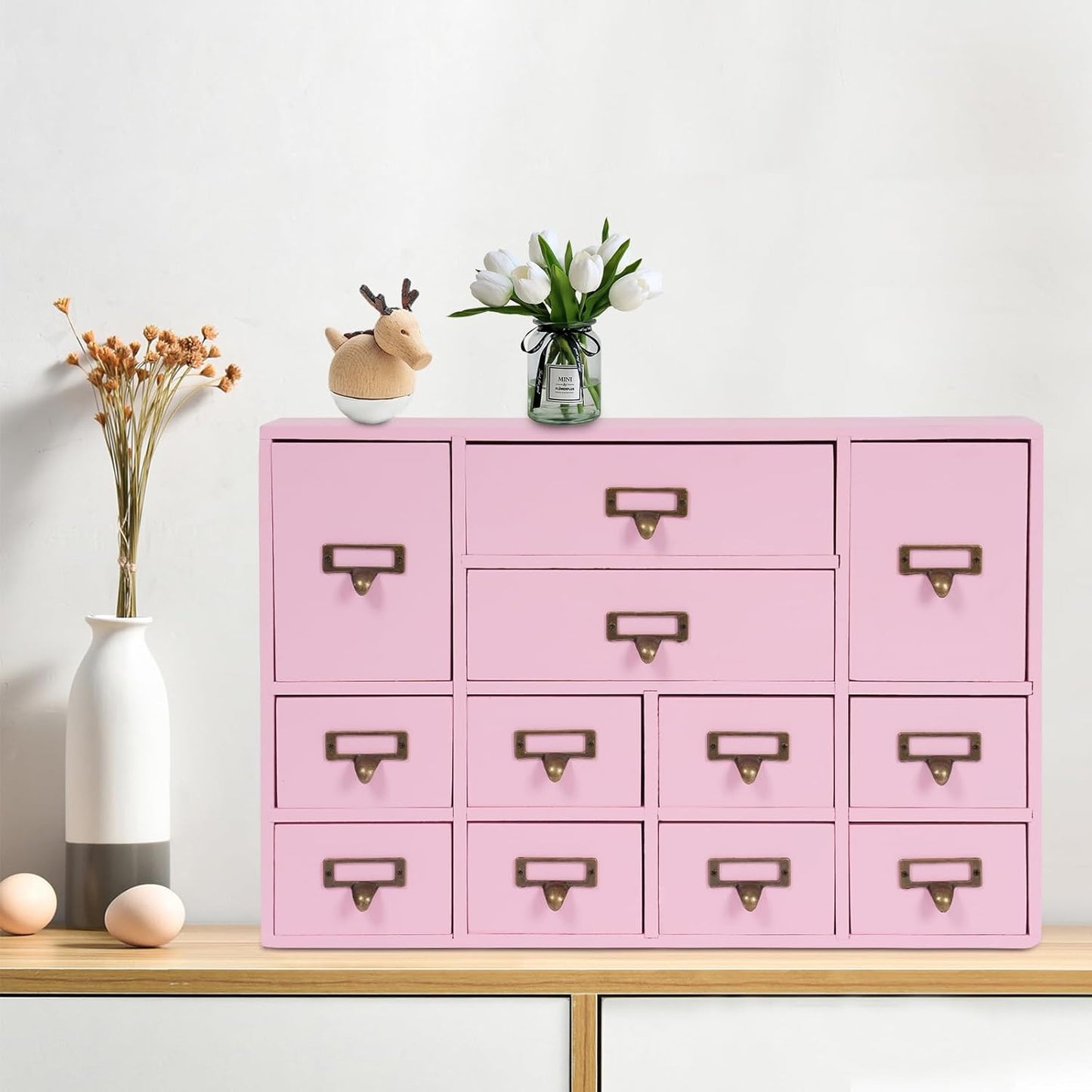12-Drawer Wooden Storage Cabinet Organizer, Apothecary Cabinet Vintage Library Card Catalog Cabinets for Countertop Apothecary Tea Coffee Pod Storage (Pink)