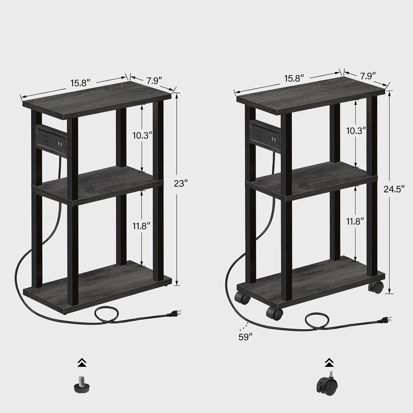 TUTOTAK Small Narrow Side Table with Charging Station, Set of 2, Skinny End Table for Small Spaces, Slim Nightstand with USB Ports and Outlet,Sofa Beside Table with Wheels, Charcoal Grey TB01BY047