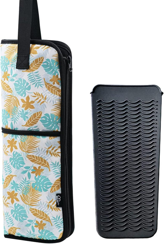 2 Pieces Hair Flat Iron Case Holder Canvas Bag Heat Resistant Curling Iron Silicone Straightener Holder Mat for Hair Tools Curling Iron Organizer Bag (Leavies)