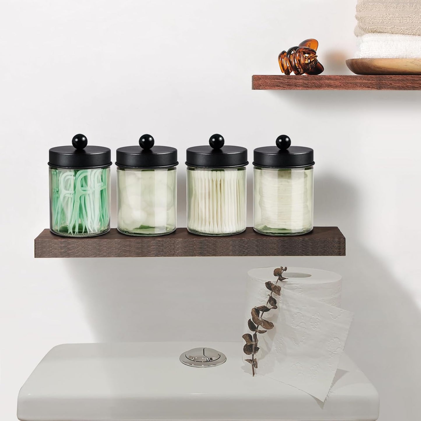 Amolliar Sage Green Qtip Holder, Glass Apothecary Jar Metal Lid & Stickers, Bathroom Qtip Dispenser Storage Canister, Perfect for Cotton Balls, Cotton Swabs, Round Pads, Bath Salt, Floss, Black 4 Pack