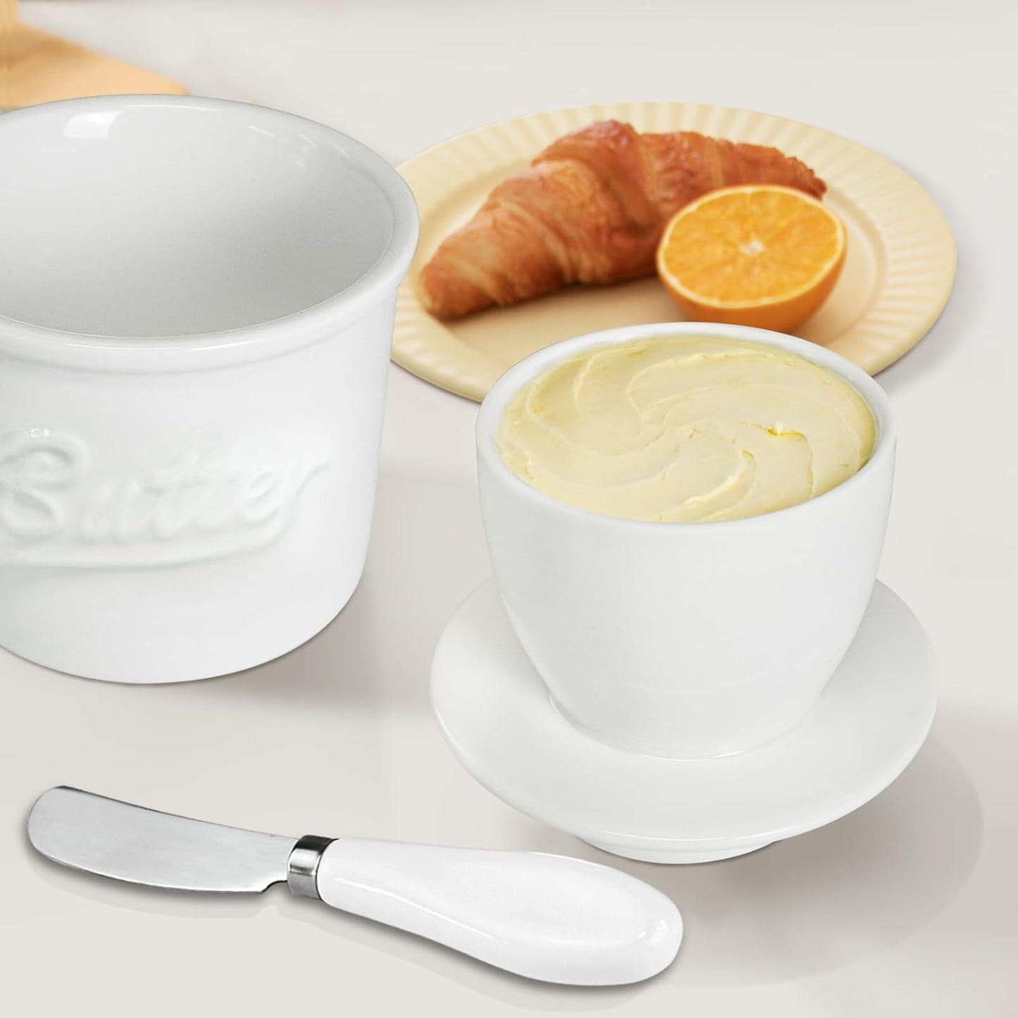 Ceramic Butter Crock with Lid & Spreader Knife, Butter Keeper - Ideal Butter Storage & Countertop Butter Dish, White