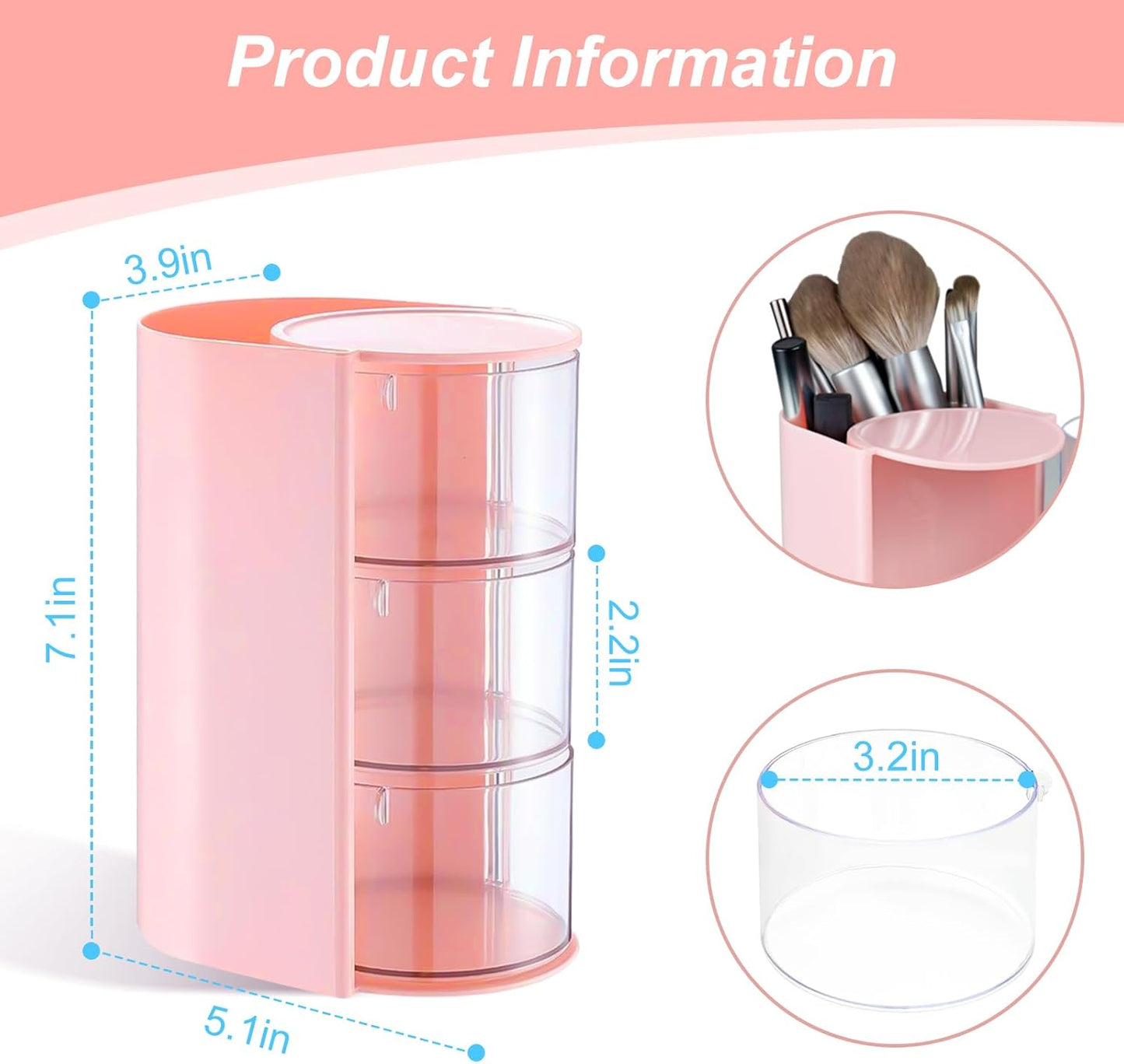 Luscinia Hair Accessories Organizer with Hair Brush Holder, Rotatable Makeup Brush and Jewelry Storage Box for Hair Clips, Earrings, Necklaces, Bracelets, Rings, and Daily Accessories (Pink, 3-Layer)
