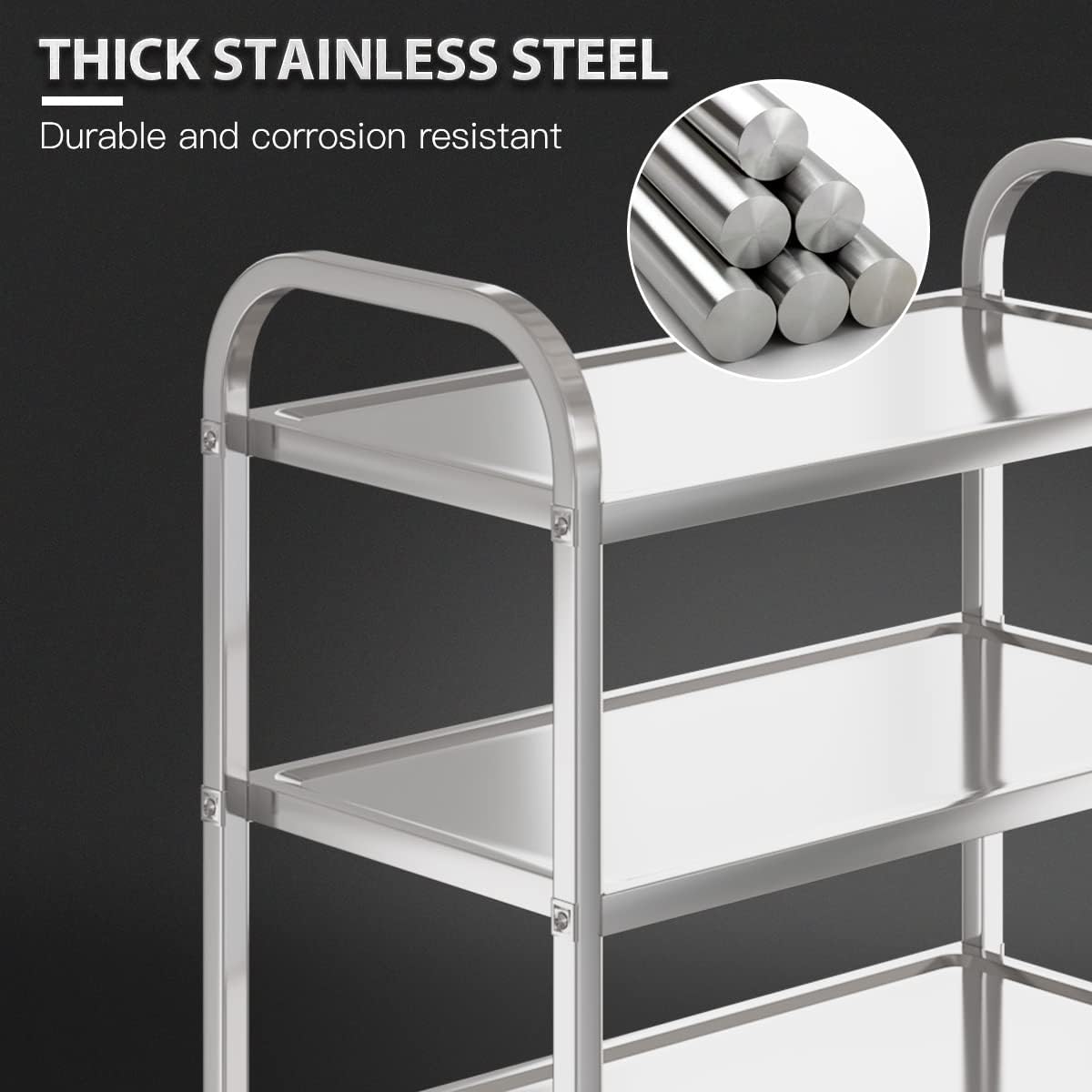 3 Shelf Stainless Steel cart,400 lbs,1MM Thick，Serving cart with Wheels, Household, Service Trolley,360°Rotation Storage Shelf with Locking Wheels 29.5 * 15.7 * 37.4'' L*W*H S.