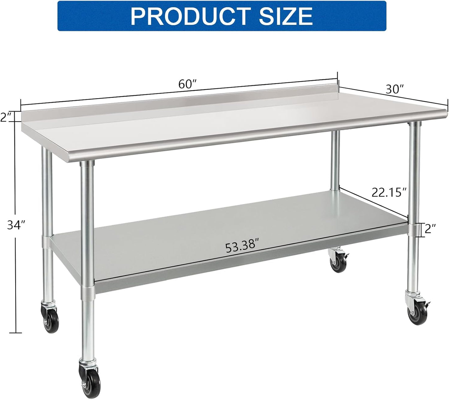 HARDURA Stainless Steel Table 30 x 60 Inches with Wheels Casters NSF Heavy Duty Commercial Prep Table with 2” Backsplash and Adjustable Undershelf for Restaurant Kitchen Home and Hotel