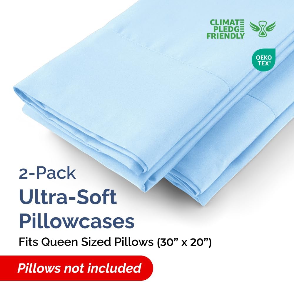 Queen Pillow Cases - 2 Pack - Super Soft Pillowcase Covers - Envelope Enclosure - Hotel Quality Pillow Protectors - Wrinkle Free, Shrink & Stain Resistant - Machine Washable - 20" x 30" (Light Blue)