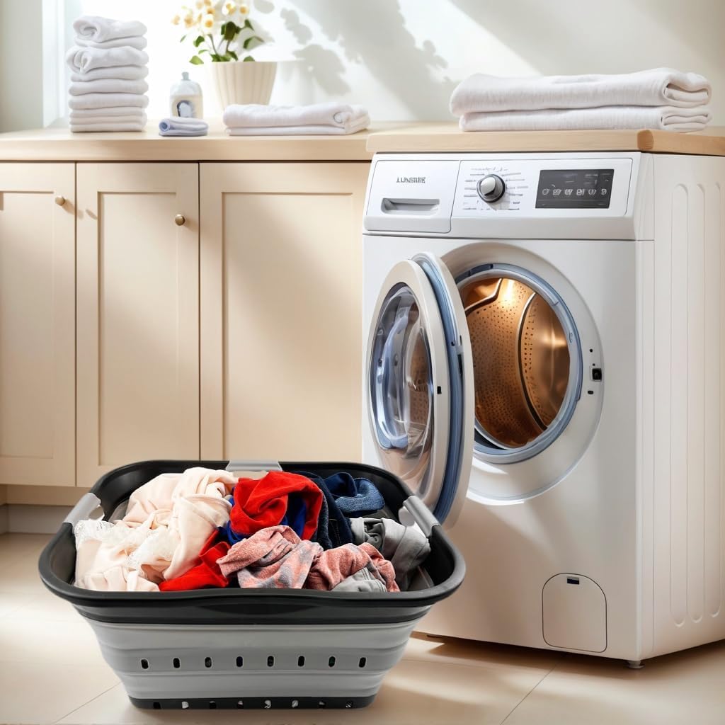 SAMMART 42L (11 gallon) Collapsible Plastic Laundry Basket - Foldable Pop Up Storage Container/Organizer - Space Saving Hamper/Basket (Black/Alloy Grey)