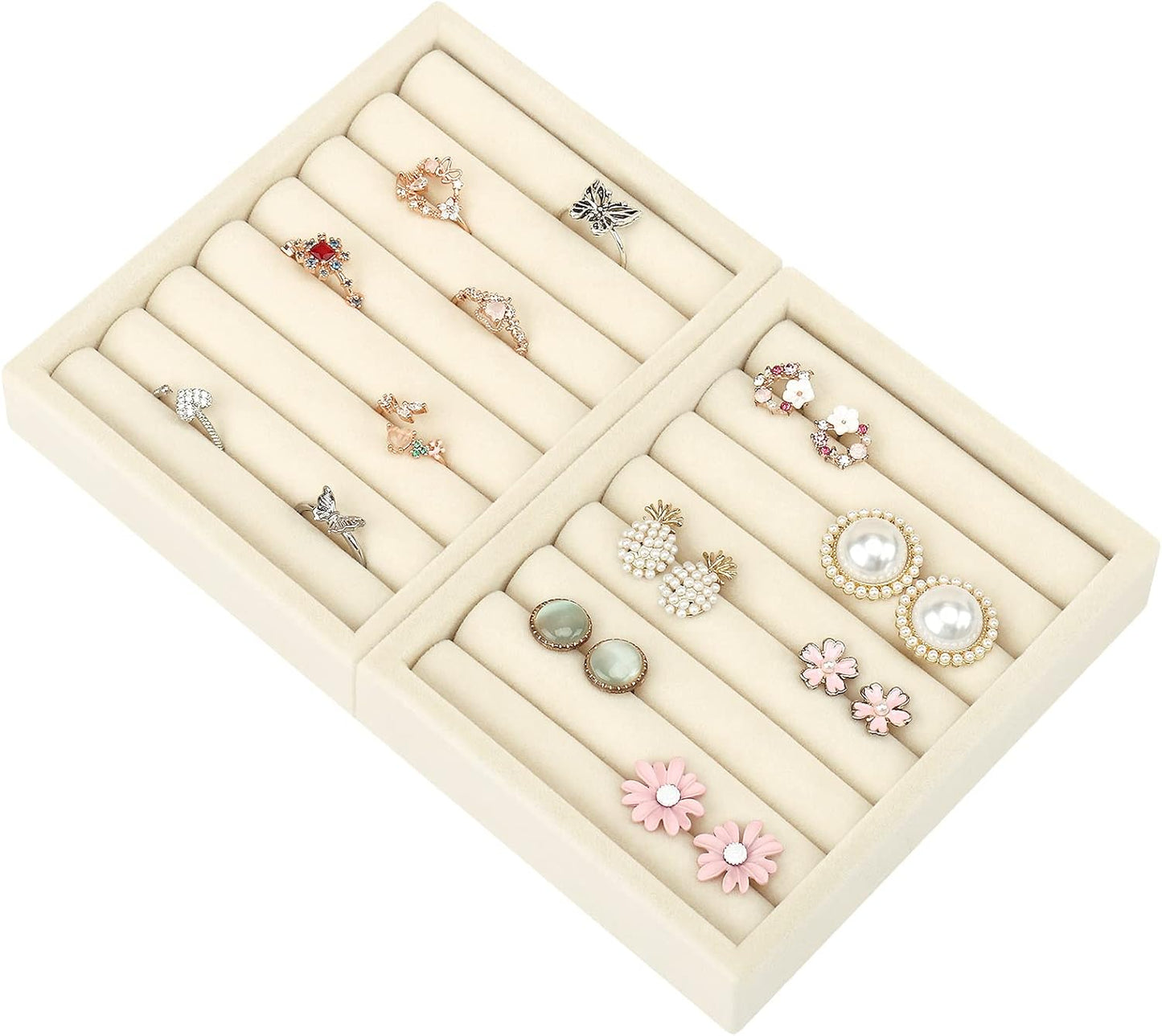 DesignSter Small Jewelry Tray-Ring Organizer 2PCS Premium Velvet Rings Earrings Display Tray Storage Insert Holder for Jewelry Box, Drawer, Dresser (8 Slots, Beige)