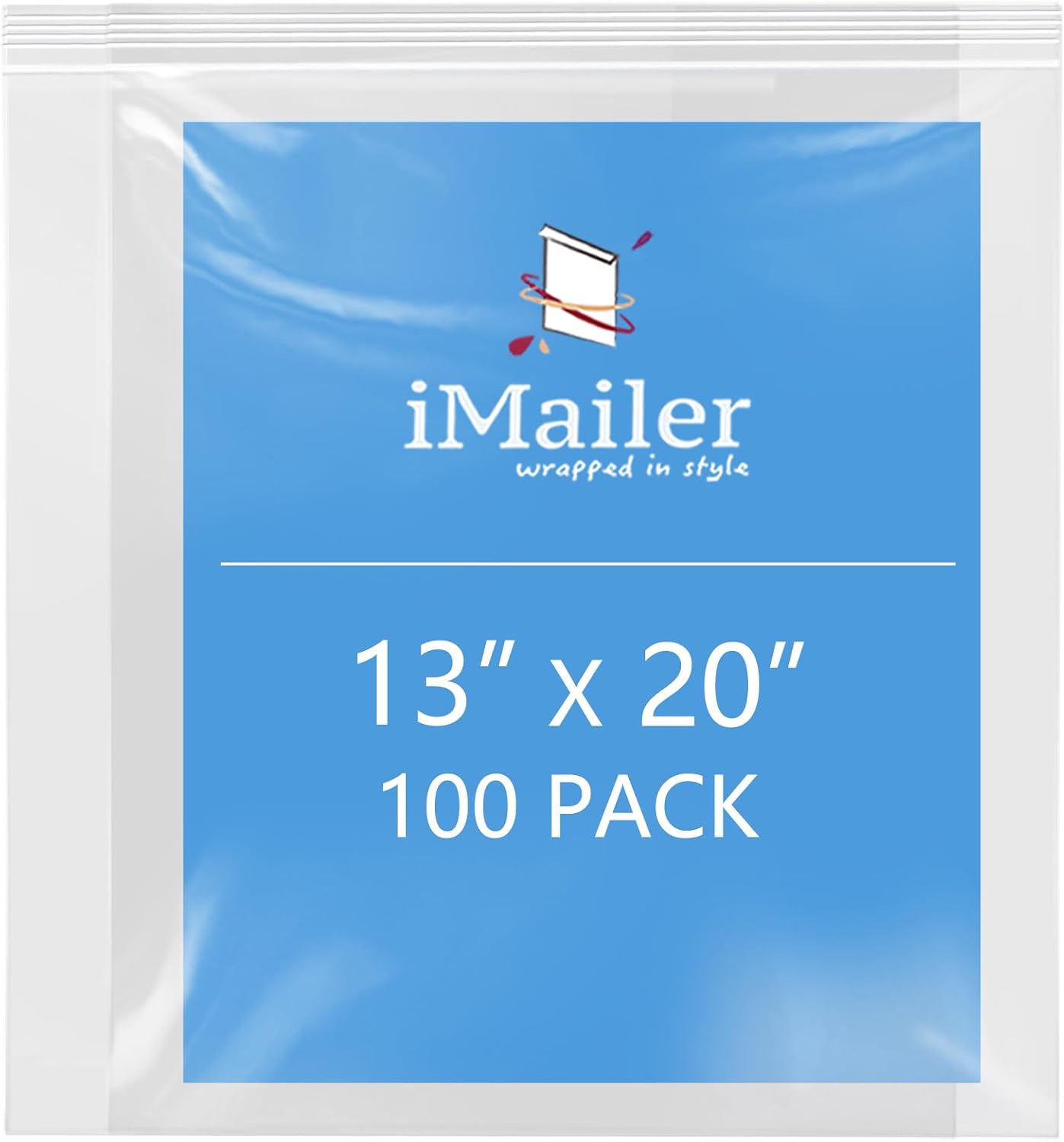 iMailer- 13" x 20" 100 Pack- 2 Mil Resealable Zip Bags- Clear Plastic Bags with Zip Top Lock for Storage, Organizing, Crafts, Travel