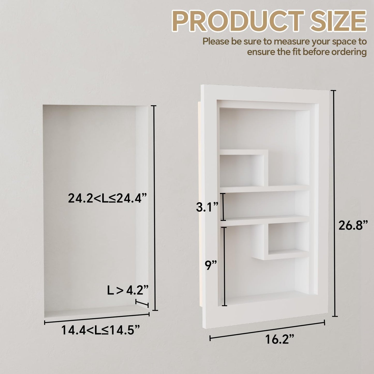 Solid Wood 14 X 24 Recessed Medicine Cabinet,3-Tier, Medicine Cabinet Organizer,Wall Niche, Bathroom Wall Cabinet, Recessed Bathroom Cabinet, Bathroom Cabinet with Storage White