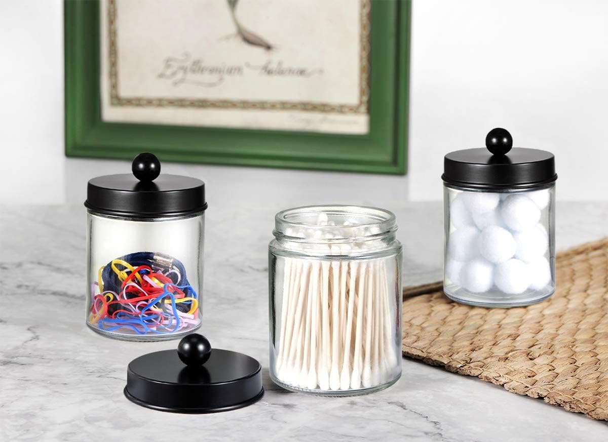 Amolliar Apothecary Jars Bathroom Storage Organizer - Cute Qtip Dispenser Holder Vanity Canister Jar Glass with Lid for Cotton Swabs,Rounds,Bath Salts,Makeup Sponges,Hair Accessories/Black（2 Pack）