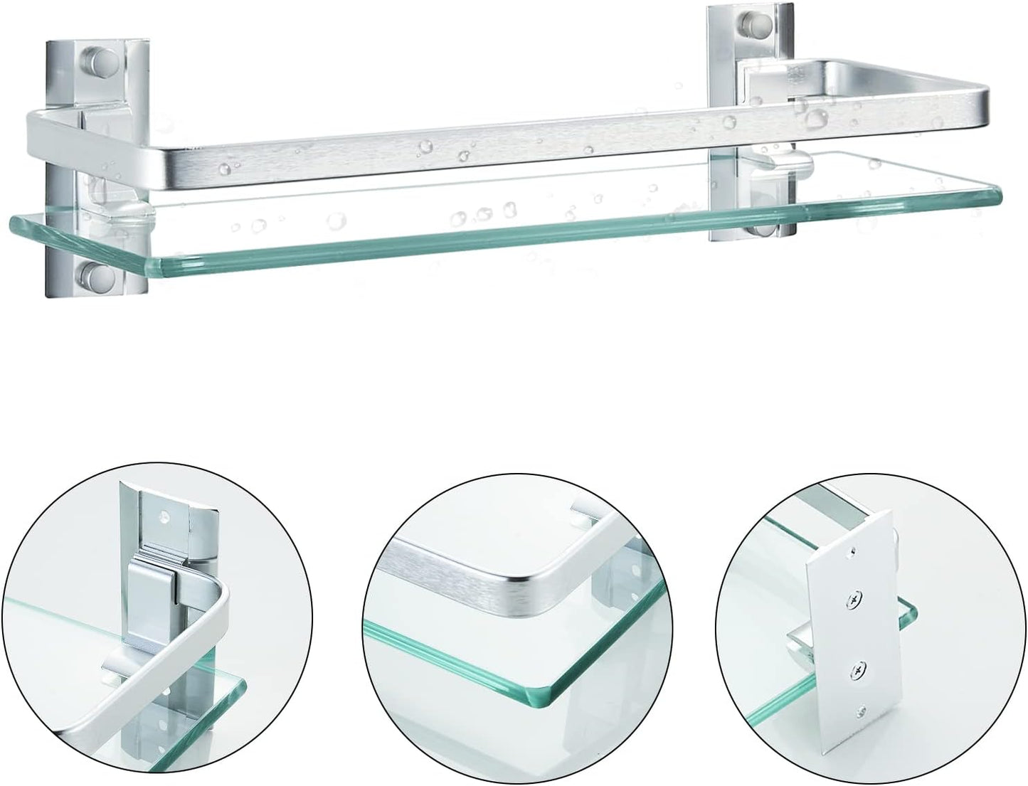 AIJALY 2 Pack Bathroom Glass Shelf,15.7 Inches Silver Bathroom Shower Glass Shelf Wall-Mounted, Metal Storage Floating Kitchen Shelf