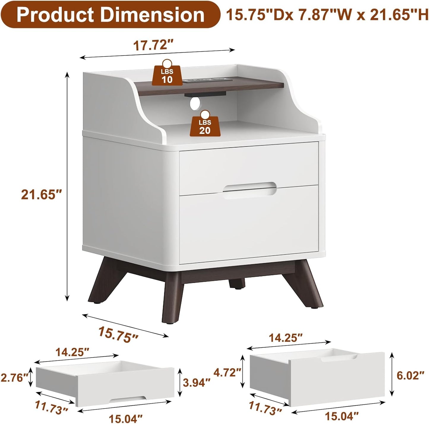 Nightstand with Charging Station, 21" Tall Nightstand w/2 Storage Drawers, Wood Night Stand with Hidden Handle, 17'' Wide Modern Bedside Table for Bedroom, White