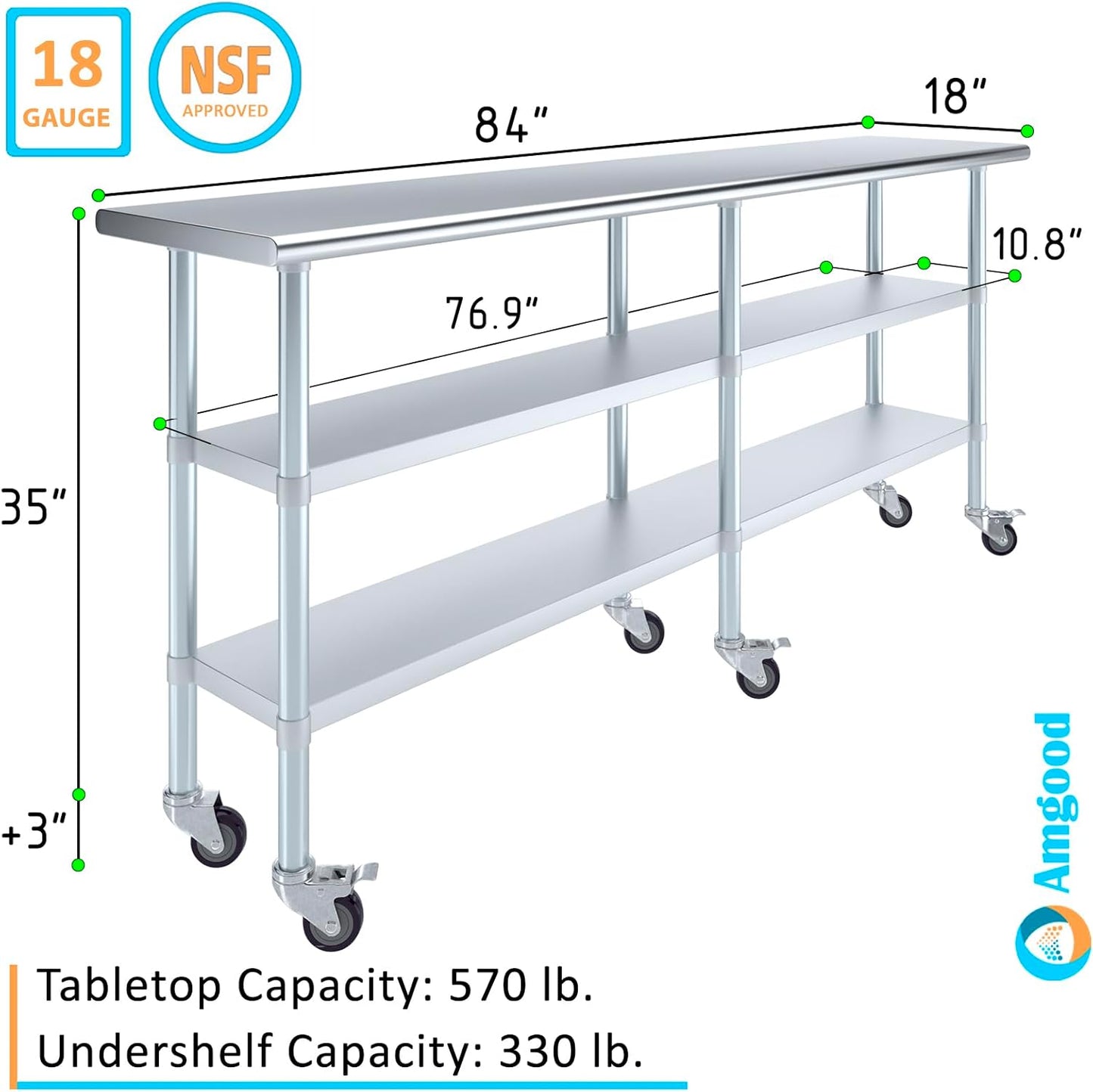 AmGood Stainless Steel Work Table with 2 Shelves and Casters | Metal Utility Table On Wheels (Stainless Steel Work Table with 2 Shelves + Casters, 84" Long x 18" Deep)