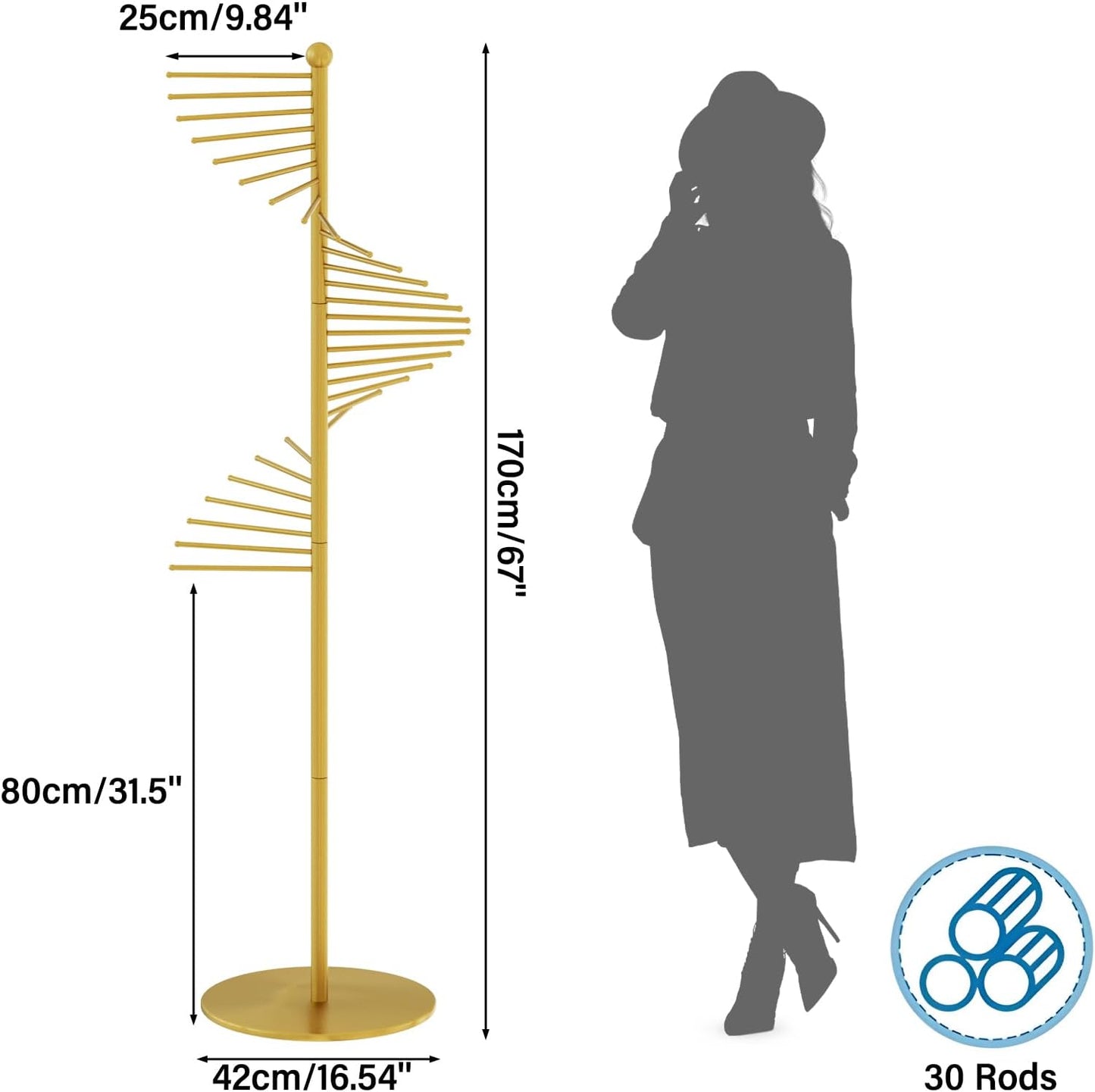Spiral Scarf Rack, Metal Freestanding Scarf Organizer with 30 Rods, Commercial Hijab Organizer Stand for Home Clothing Store, Space Saving Shelves (Gold)