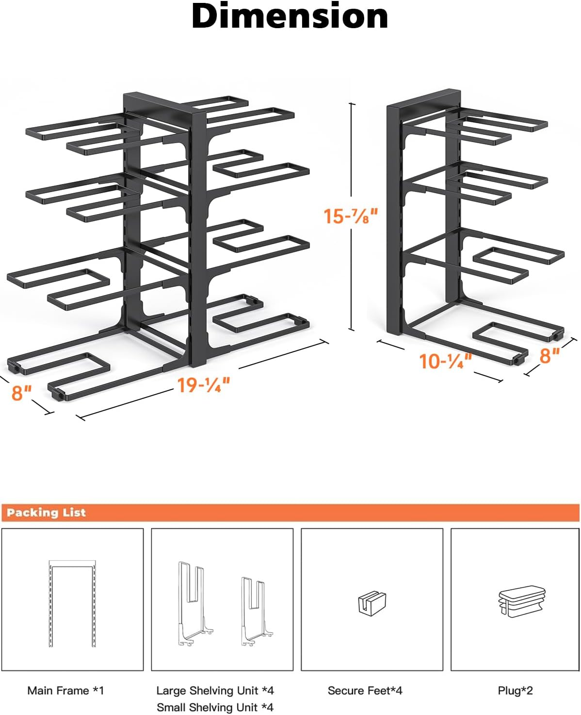 MUDEELA 8-Tier Pots and Pans Organizer under Cabinet, 15.83" Height Heavy Duty Pot Pan Organizer Kitchen Cabinet Organization and Storage, Adjustable Pot Rack for Frying Pan, Cast Iron Skillet, Black