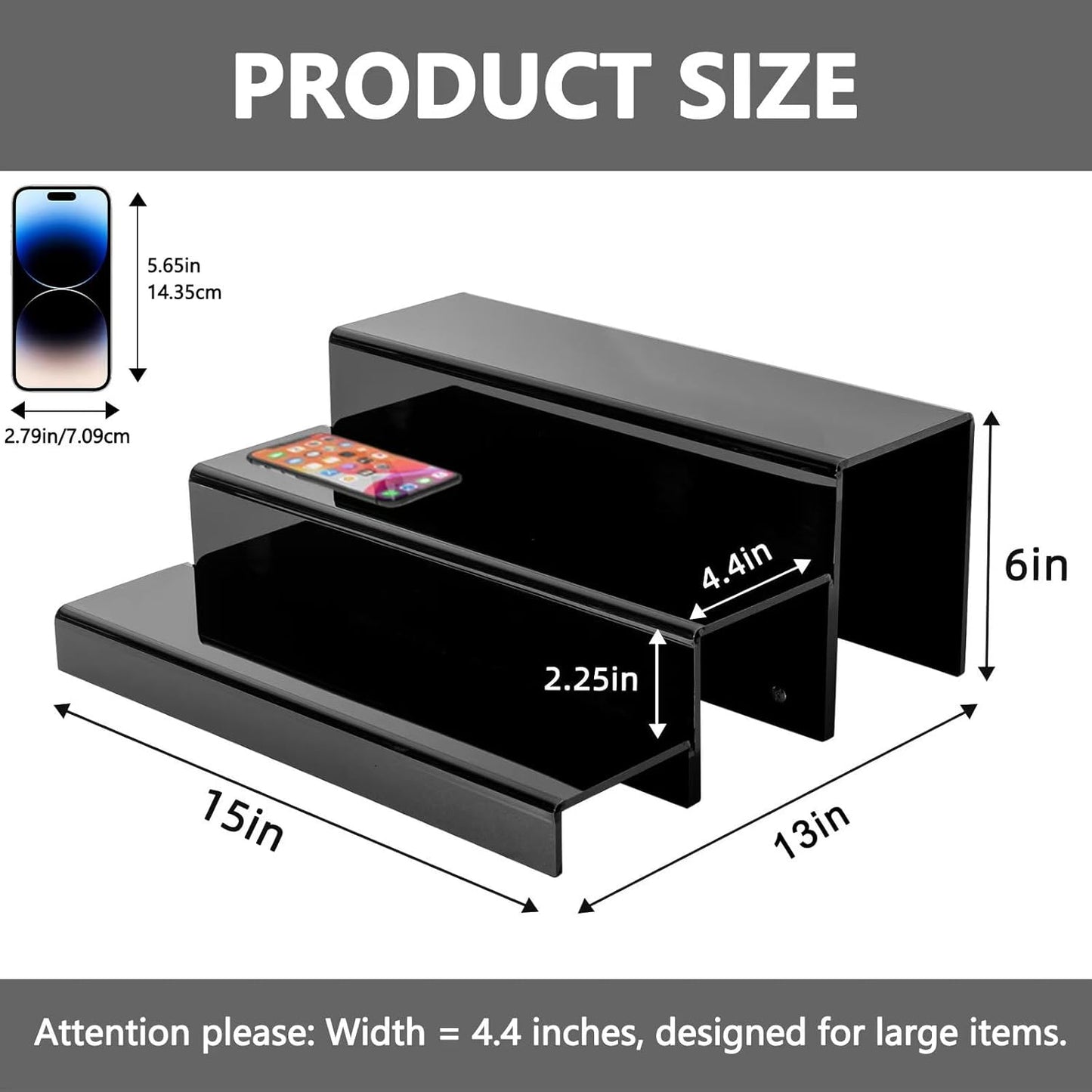 2 Pack Tiers Bar Shelves for Liquor Bottles, 15" Clear Acrylic Risers Display Racks Stands for Figures Pops Cupcake Perfume Collections (Black)