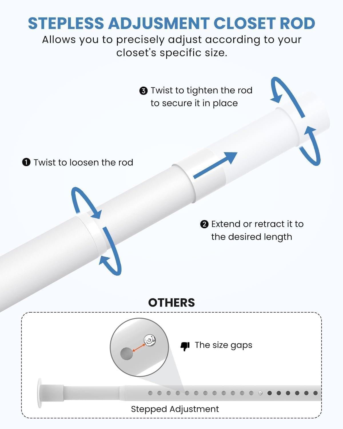 3 PACK Closet Rods for Hanging Clothes, 17 to 69 Inches Stepless Adjustable Metal Closet Rod, 1.3 Inches Heavy Duty Clothes Hanging Rod for Closet Wardrobes Laundry RV, White