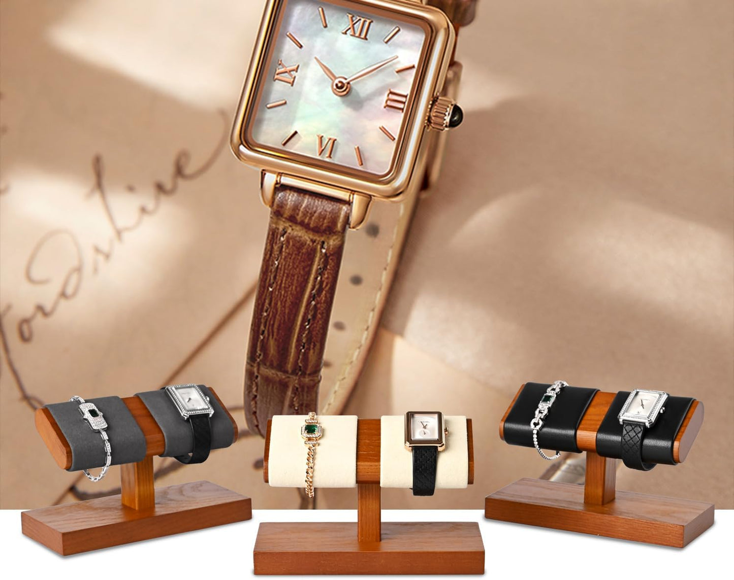 Oirlv Solid Wood Double Watch Display Stand Watch Bracelet Organizer(Creamy-white)