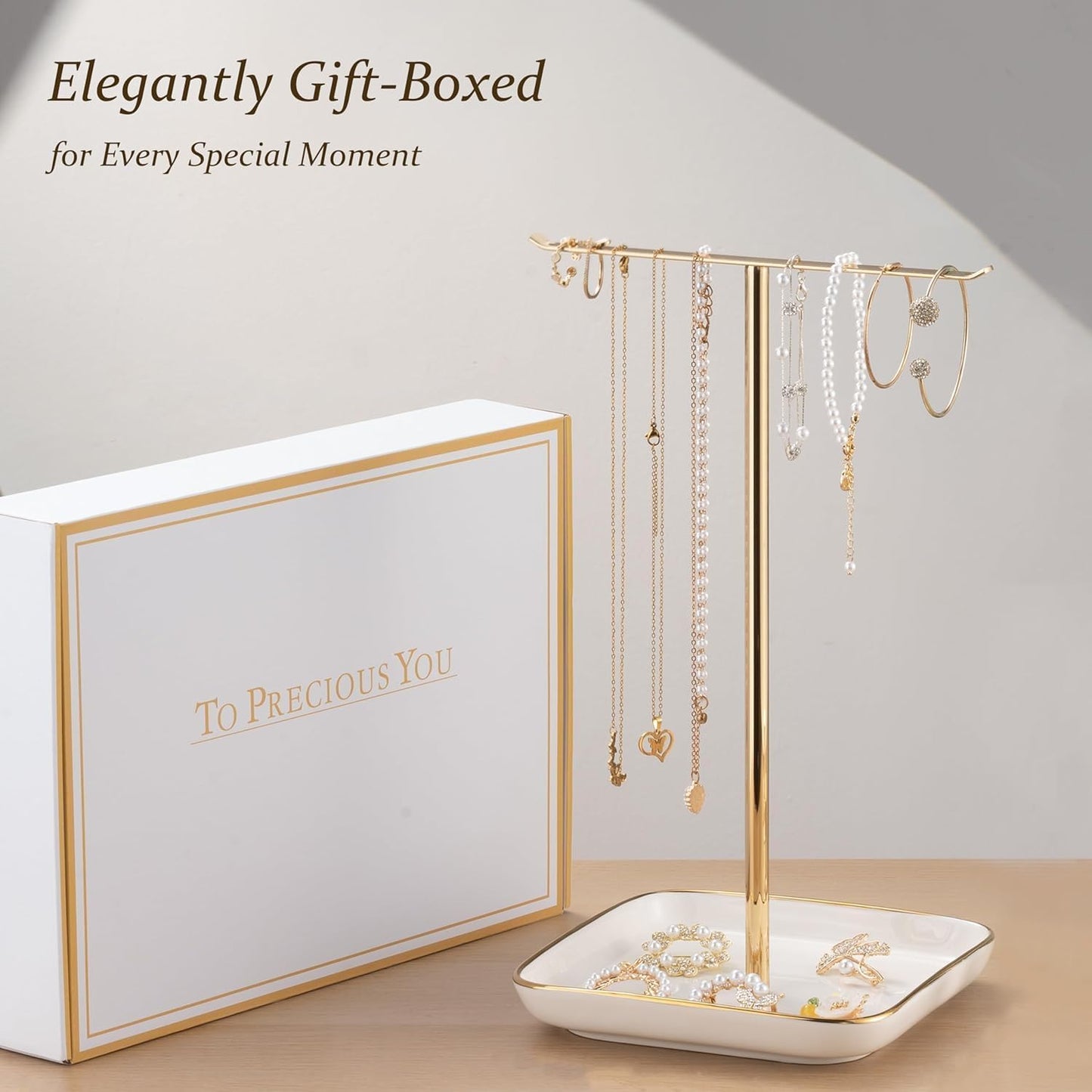 Jewelry Holder Stand with Ceramic Base: 12" Tall Necklace Organizer Rack, Tree Design Display Storage for Necklaces, Bracelets, Rings, Earrings, Aesthetic Room Décor for Girls and Women, Gold