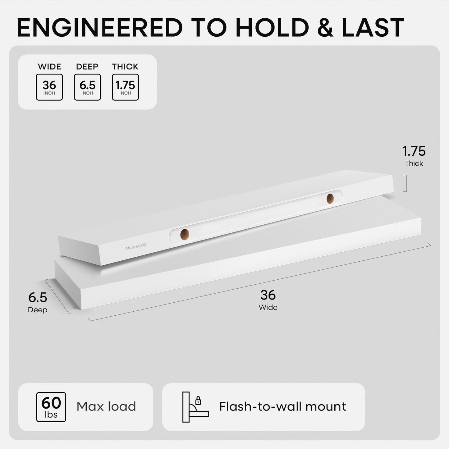 Homeforia White Floating Shelves 36 inch, High End Solid Real Wood 36inch Floating Shelf for Wall Mounted, White Wooden 36in Long Floating Shelves, Heavy Duty Bracket, 36 X 6.5 X 1.75 inches, Set of 3