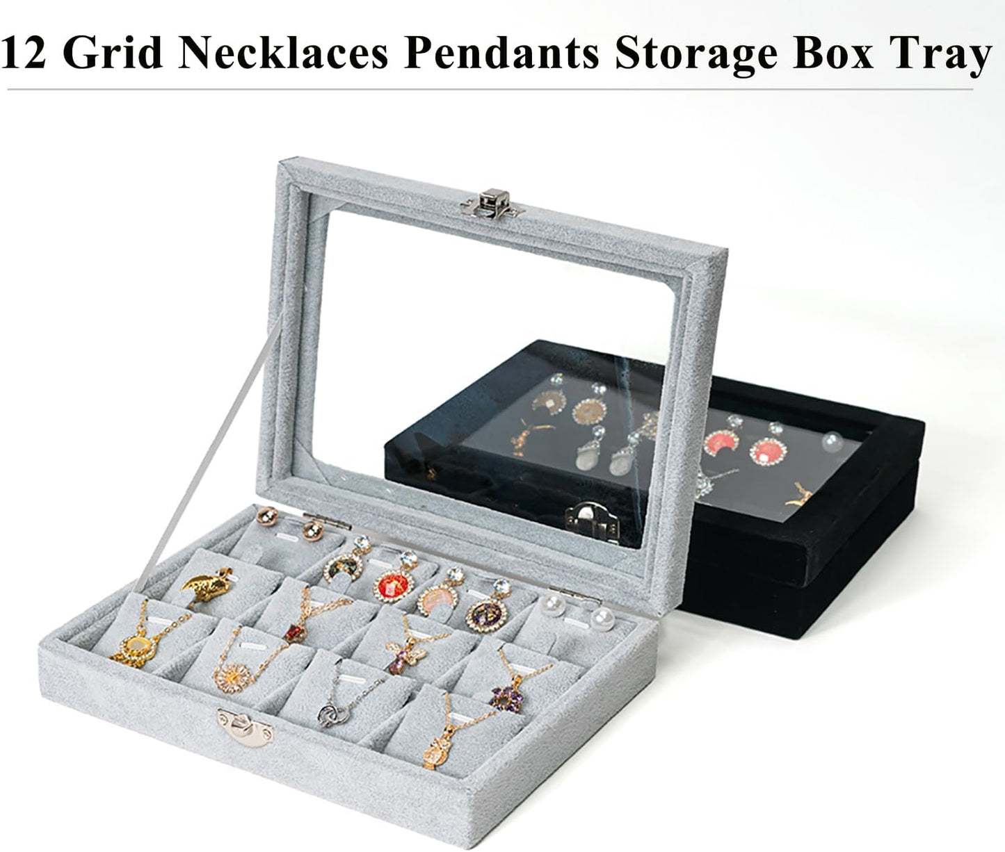Jewelry Box Necklace Organizer Tray, Grey Necklace Display Case for Storage Jewelry Small Necklaces Display Stand 12 Slot Pendant Holder for Women
