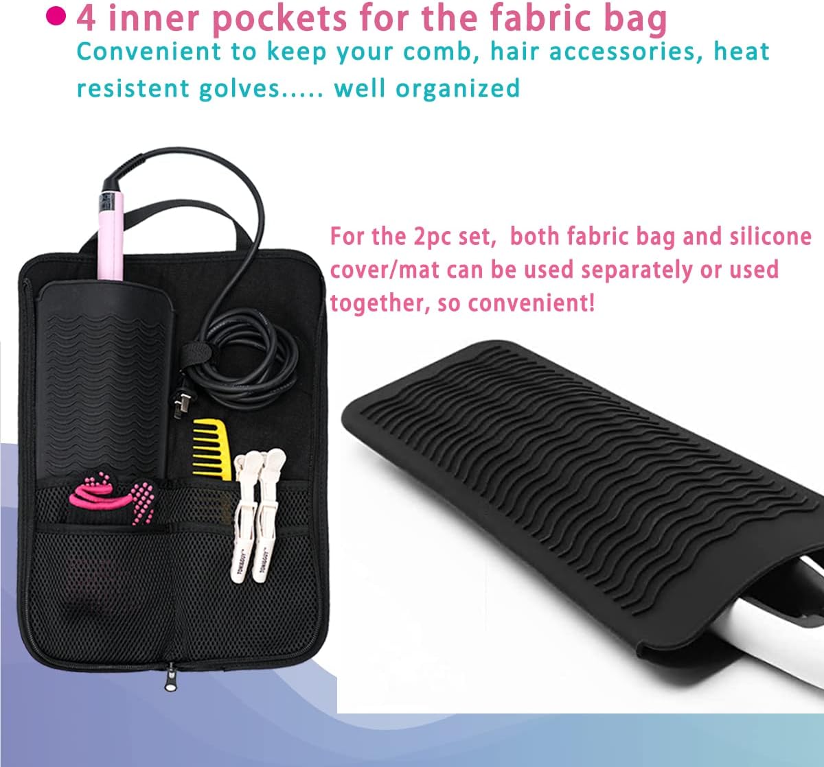 WK IEASON Hair Flat Iron Case Holder Canvas Bag Heat Resistant Curling Iron Straightener Holder Bag for Hair Tools Curling Iron Organizer Bag (Floral print-Fabric bag)