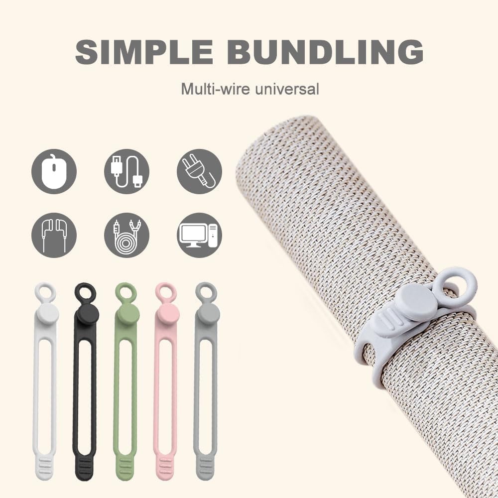 Data Cable Organizer, Silicone Cable Ties Reusable - Elastic Cord Organizer for Electronics, Adjustable Wire Ties for Cable Management,Computer Wires,Phone Charger,Earphone,Home Office (Gray, 20PCS)