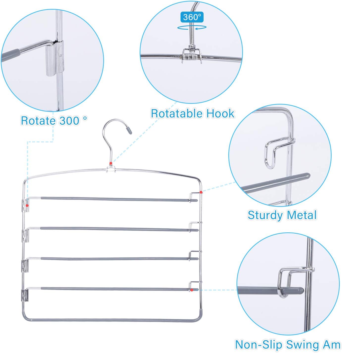 FeeraHozer Pants Hangers Space Saving 3 Pack No Slip 5 Layers Multi Functional Pants Rack Stainless Steel Swing Arm Space Saver Hanger for Trousers Jeans Towels Scarf （Grey）