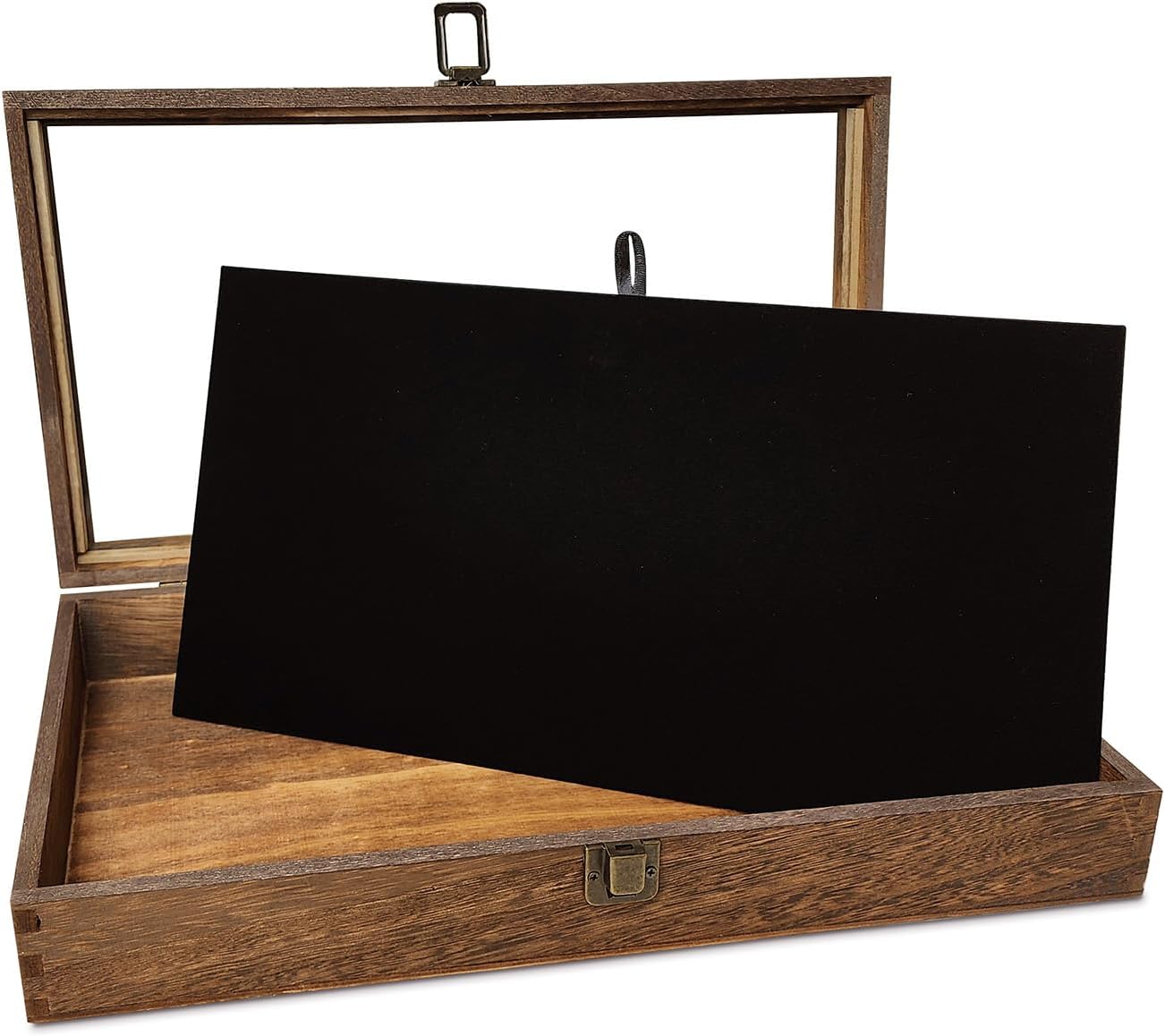 MOOCA Glass Top Wooden Jewelry Display Case with Removable Black Luxurious Velvet Jewelry Display Pad, Deeper 2.75-Inch Design for Taller Collectibles, Brown Color