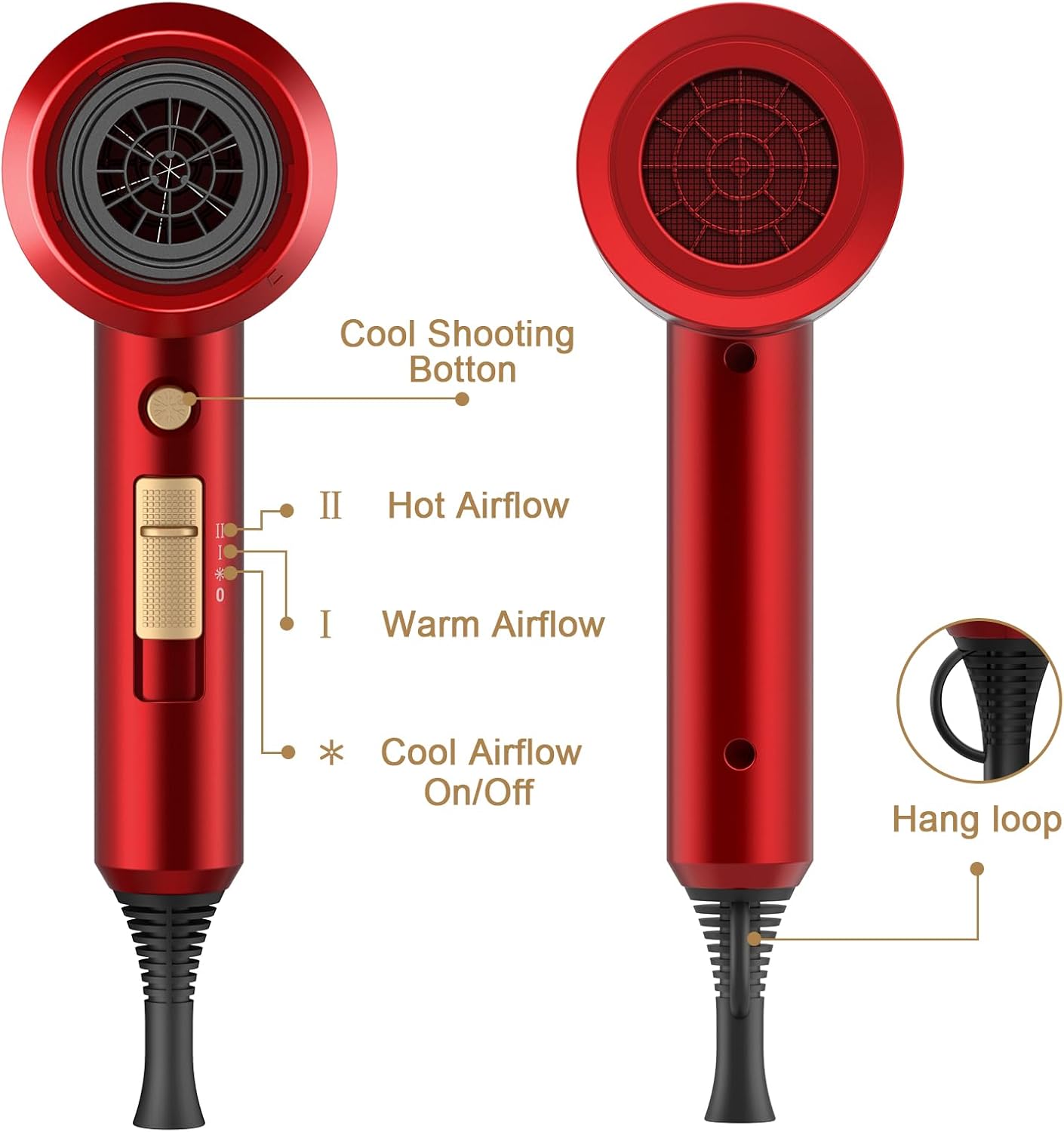 Slopehill Professional Ionic Hair Dryer, Powerful 1800W Fast Drying Low Noise Blow Dryer with 2 Concentrator Nozzle 1 Diffuser Attachments for Home Salon Travel (Agate Red)