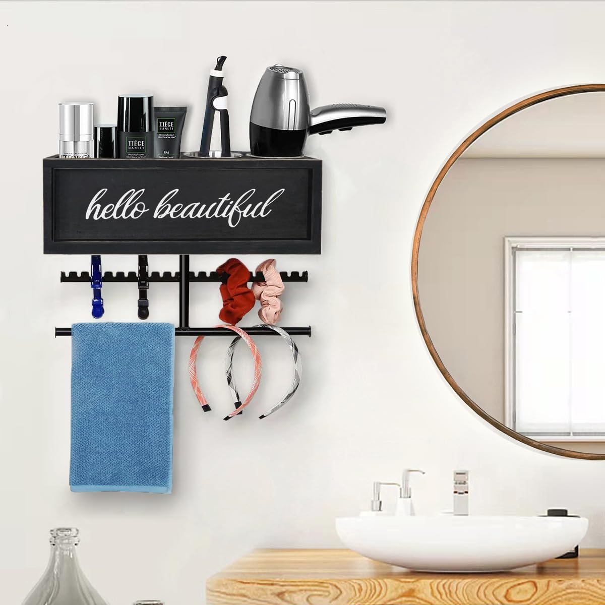 Rustic Hair Dryer Holder Wall Mounted,Hair Styling Tools & Accessories Organizer,Bathroom Supplies & hot Tools vanities Organizer Caddy,for Storage Flat Iron,Blow Dryer,Curling Iron,Towel