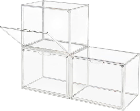 Clear Stackable Plastic Storage Bins with Magnetic Lid, Dustproof Book & Cosmetic Display Cases, Large Figures Collectibles Showcase, Shoe Box, Protection Organizer (Clear-L-3 Pack)