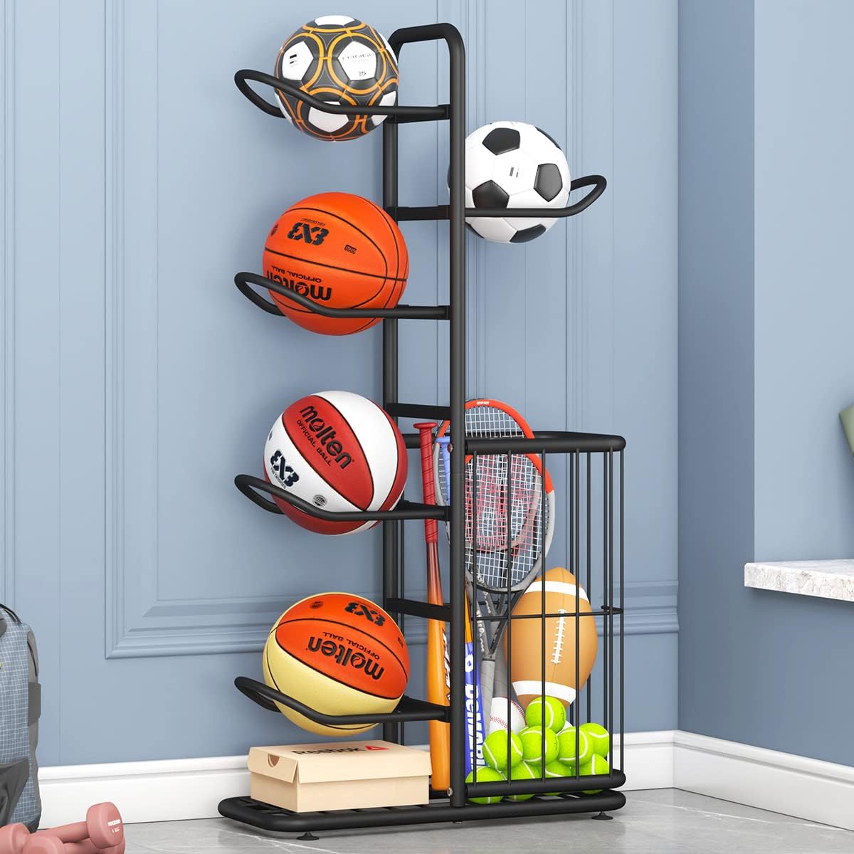 Sports Ball Storage Rack | Adjustable Vertical Stand for Basketball, Soccer, Volleyball & More | Durable Steel Organizer for Garage |5-Ball |45.7 inches, black