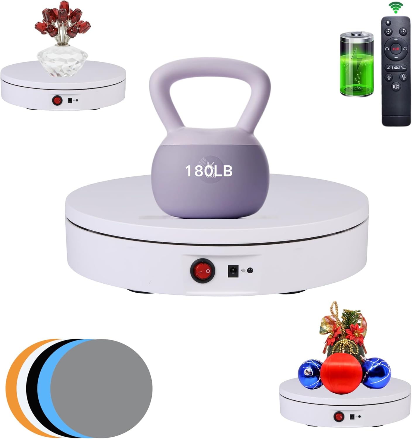 JAYEGT Motorized Rotating Display Stand，180Lbs Load，360 Degree Electric Rotating Turntable for Photography Products Display，Live Show,Remote Control +5 Colors Backgrounds(White / 8.66inch / Rechargeable)