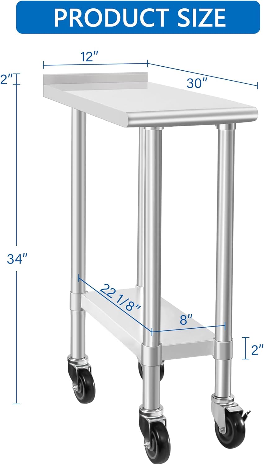 HARDURA Stainless Steel Commercial Work Table with Wheels Prep & Work Metal Table 30×12 Inches Heavy Duty NSF with Casters and 2" Backsplash