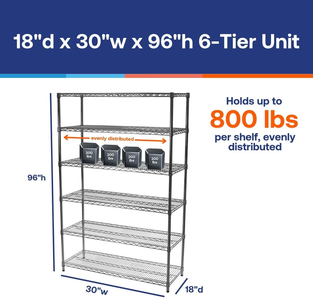 Shelving Inc. 18" d x 30" w x 96" h Chrome Wire Shelving with 6 Tier Shelves, Weight Capacity 800lbs Per Shelf