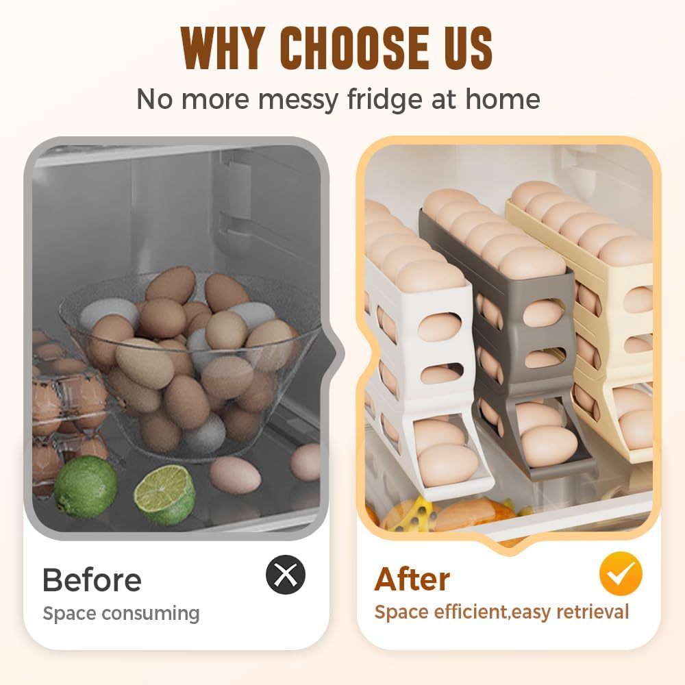 4-Tier Refrigerator Egg Holder, Automatic Gravity-Fed Rolling Egg Dispenser with Easy-Load Design, Space-Saving Fridge Organizer for Up to 30 Eggs, Kitchen & Pantry Storage Container (White) (gray)