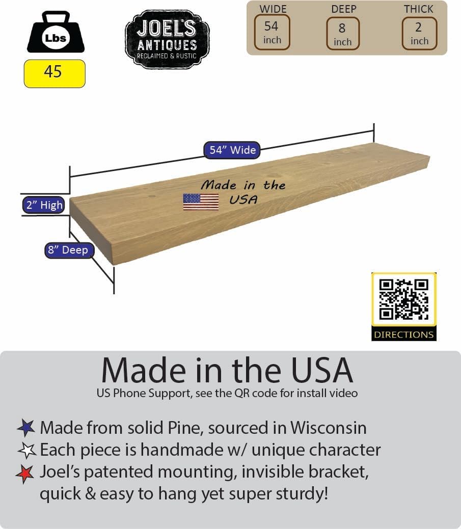 joelsantiques 54 Inch Wooden Floating Shelves for Wall - 54x8x2 in - Made of Natural Wood - Long Heavy Duty Rustic Wall Shelves for Bedroom - Perfect for Living Room, Kitchen - Beige