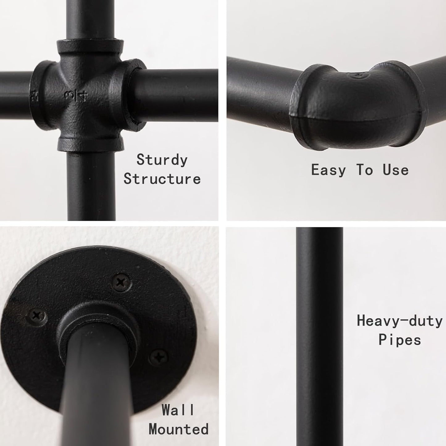 Industrial Pipe Clothing Rack - Wall Mounted Garment Rack as Walk-in Closet System. Sturdy Open Wardrobe for Hanging Clothes - Heavy Duty Clothes Rack with Four Hanging Rods for Home