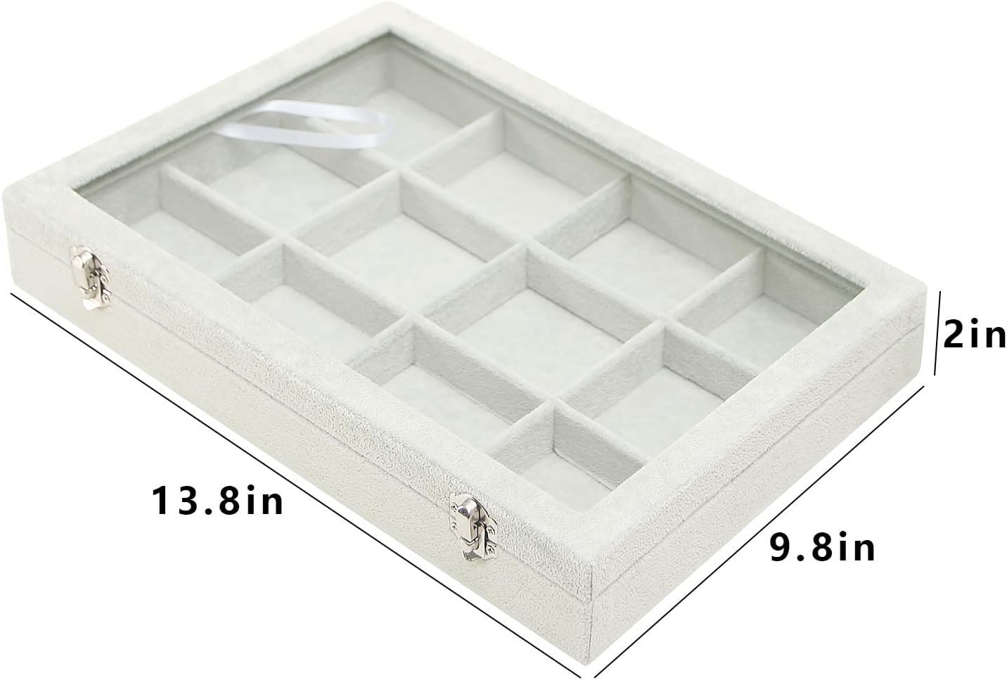 Coward Jewelry Organizer Tray Box, Grey Beige Velvet 12 Grids Bracelet Bangle Necklace Jewelry Display Tray Case with Transparent Glass Lid for Home Desk Drawer or Store Selling Show
