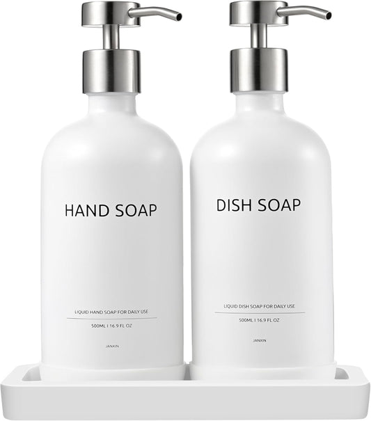 Glass Kitchen Soap Dispenser Set with Ceramic Tray,16.9 floz Hand and Dish Soap Dispenser for Kitchen and Bathroom Decor (White Bottles + Silver Pumps)