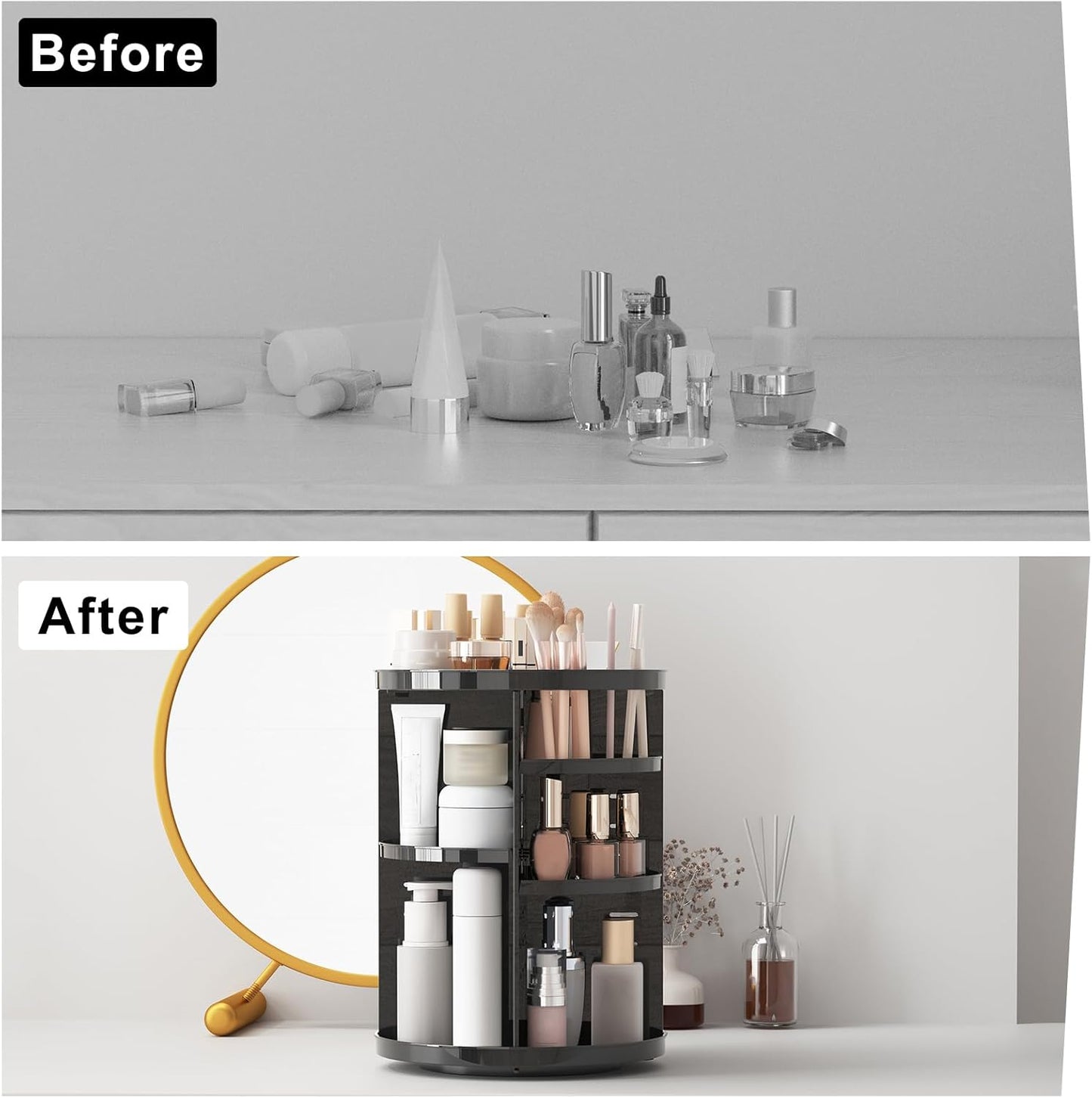 Rotating Makeup Organizer for Vanity, 360 Spinning Skincare Organizers with Adjustable Trays, Make Up Desk Storage Carousel Rack, Cosmetic Display Cases for Dresser Bathroom Countertop