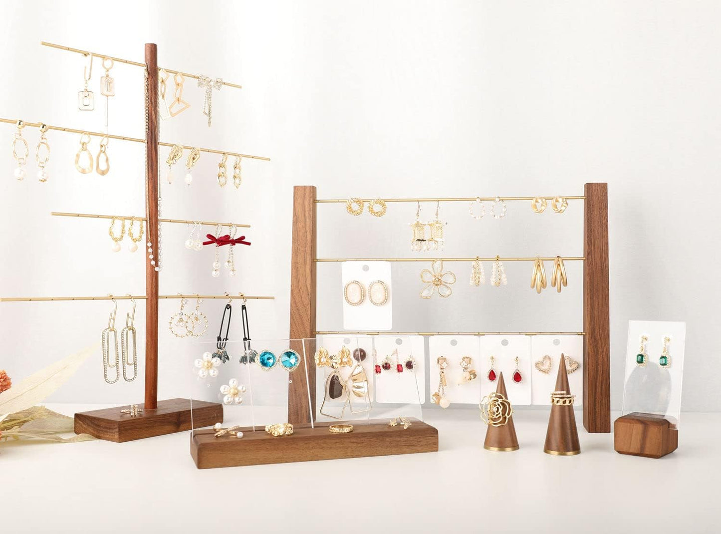 GemeShou 3 Tiers Walnut Earring display stands for selling, Wooden Jewelry Shelf, Earring Storage Organizer, Brass earring holders with 42 holes for stud Dangle Hoop【Walnut 3-Tier Height 9.45"】