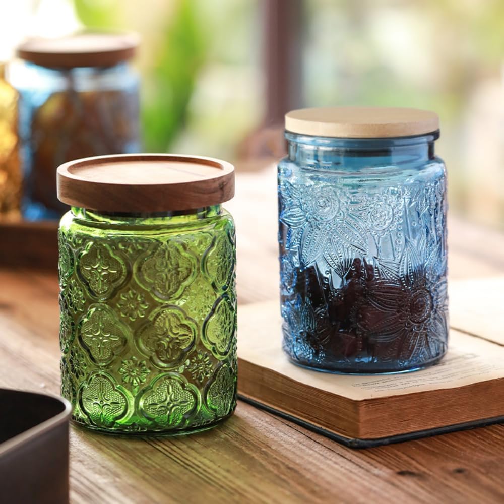 ANSQU Blue Glass Jar, 23.7 FL OZ Vintage Glass Canister with Airtight Lid, Candy Jar/Sugar Container for Kitchen Pantry Coffee, Tea, Cookie, Decorative Jars Holds Bath Salt