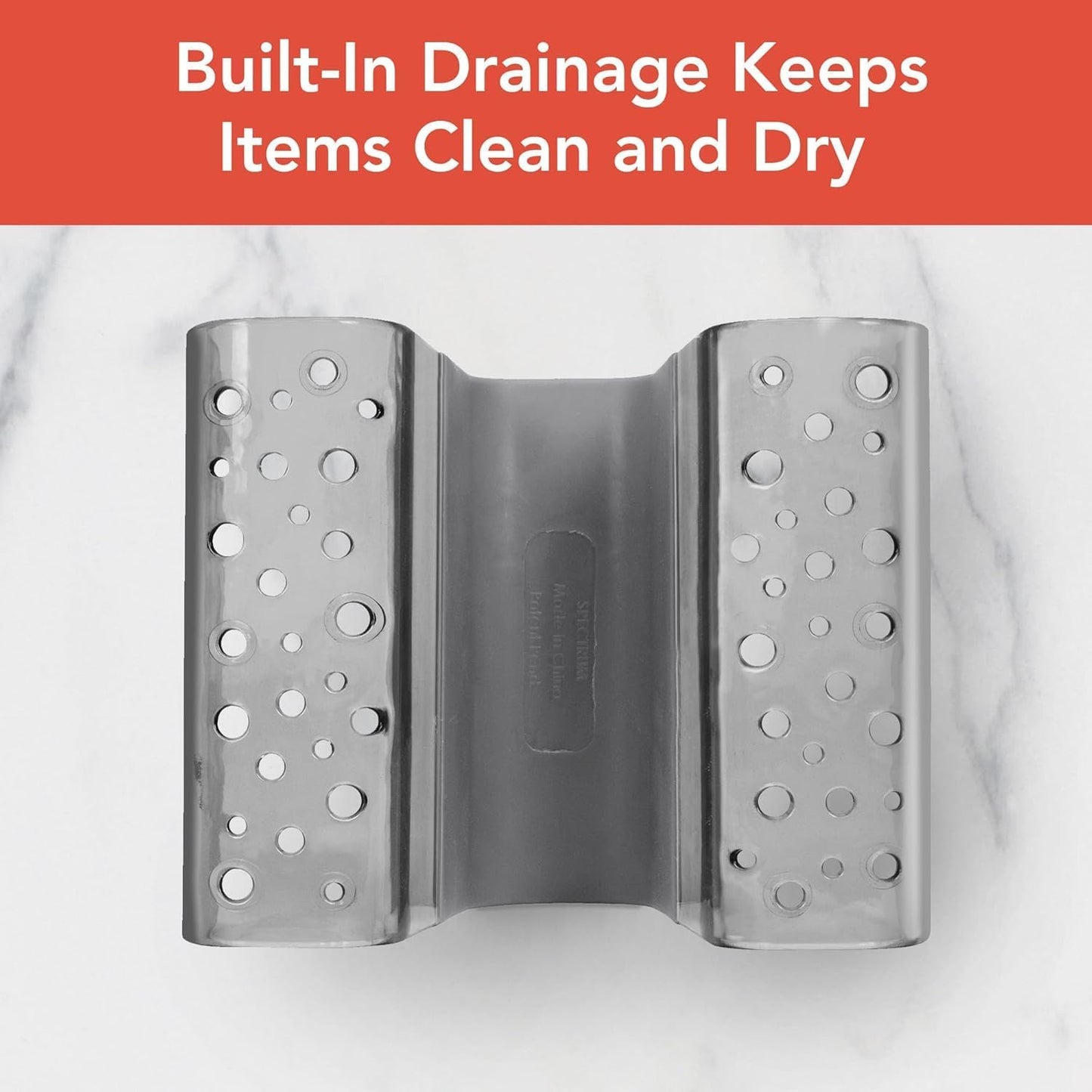 Spectrum Sink Saddle for Kitchen Sink Gray Slate Tint Sponge and Brush Holder Organizer, Dish Brush and Sponges Plastic Saddle Caddy for Double Sink Storage with Drain Holes for Quick Drying