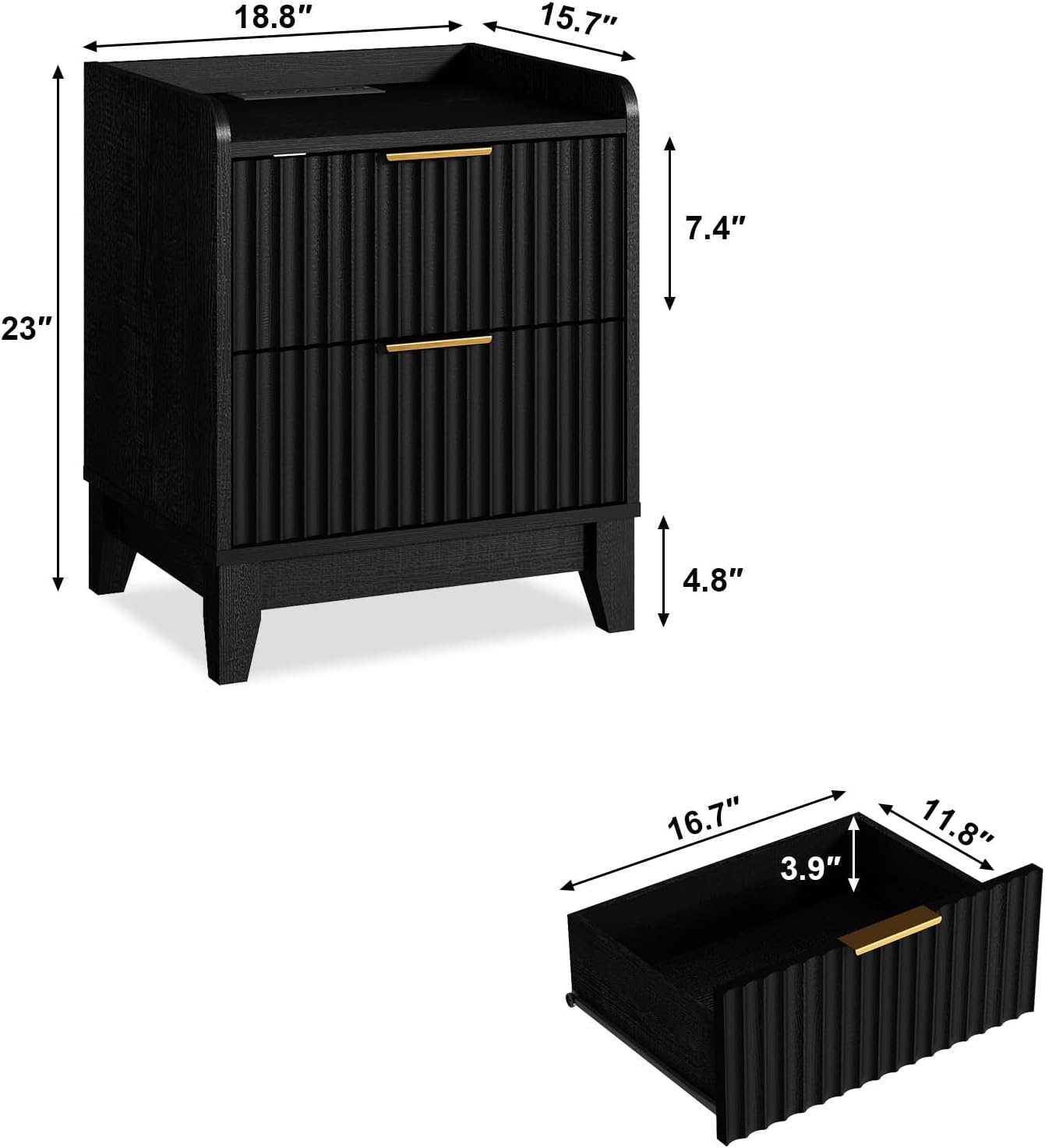 Wnutrees Fluted Nightstand with Charging Station, Modern Bedside Table with 2 Drawers, Farmhouse Wooden End Side Table Living Room, Black