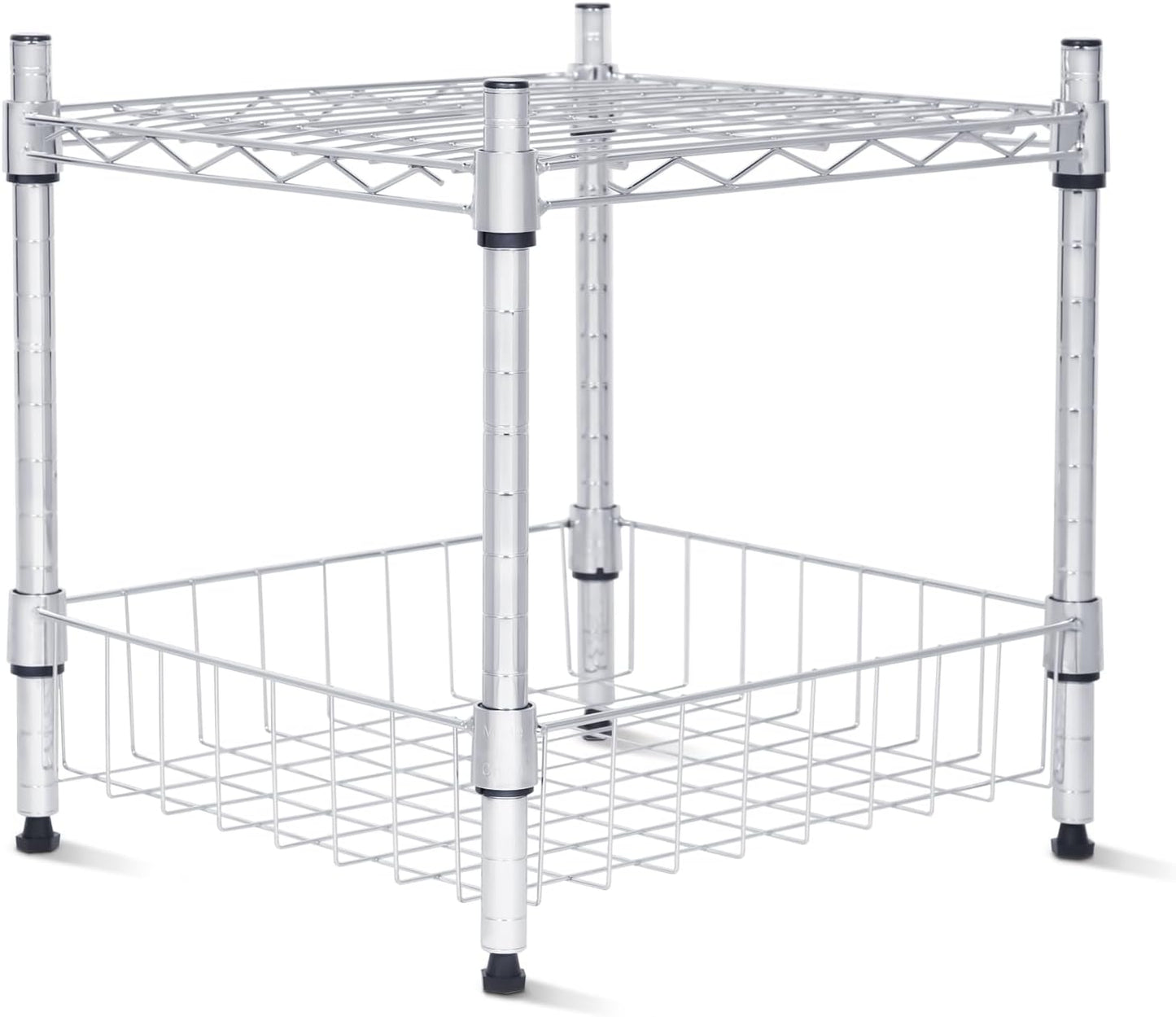 Whitmor 2 Tier Metal Storage Shelves, Heavy Duty Shelf with Basket, 350 lbs Capacity per Shelf, 700 lbs Total, Home Organizer for Kitchen, Garage, Bathroom, 15" L x 14" W x 15" H, Chrome
