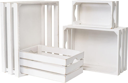 Set of 4 Large Wooden Crates Decorative, Whitewashed Nesting Wooden Crates for Display Rustic, Farmhouse Wooden Storage Container Boxes Made from 100% Wood
